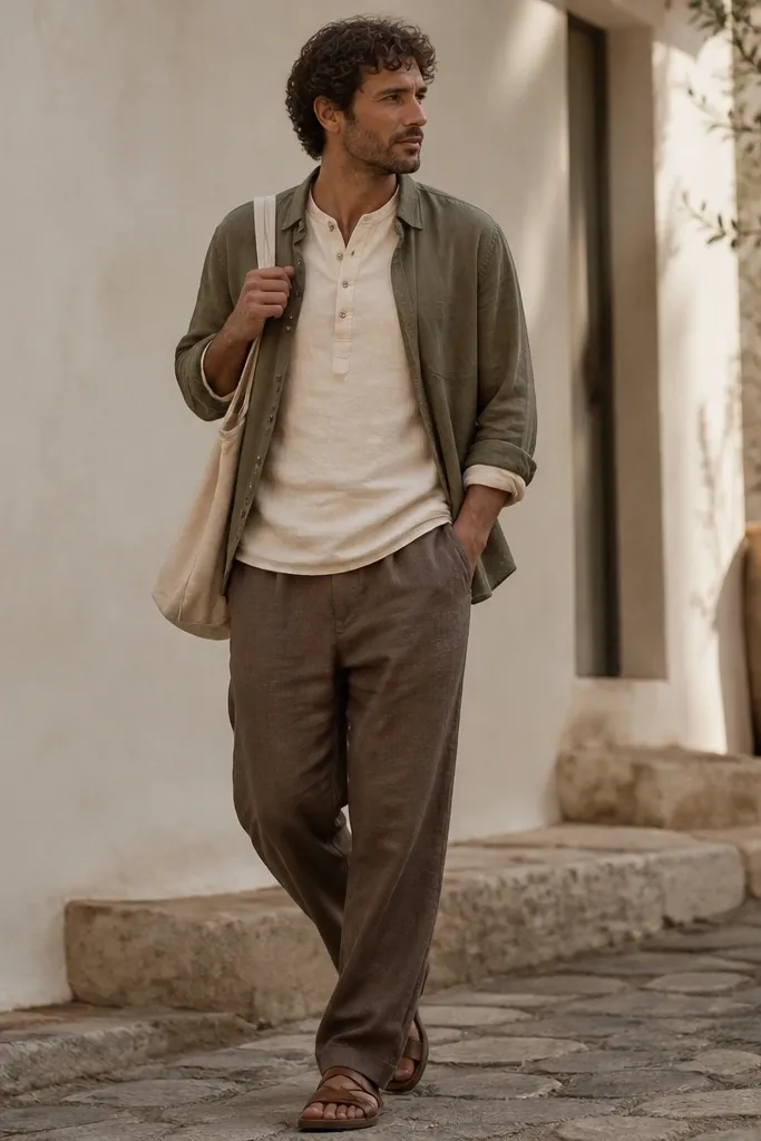 A man in brown linen pants wearing a cream henley with two buttons and long sleeves rolled to the forearm, plus an olive lightweight overshirt. He's wearing brown leather sandals and a canvas tote over one shoulder.