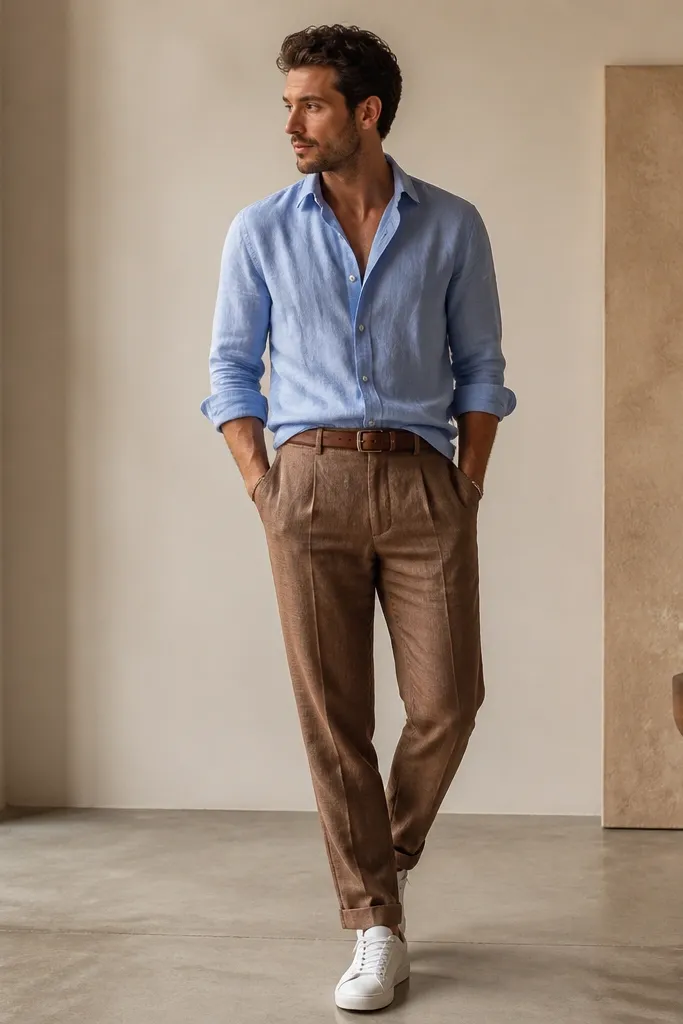 Brown linen pants paired with a light blue oxford button-down worn slightly open at the collar, sleeves rolled to the forearm, belt visible, and white leather sneakers. The shirt is half-tucked.