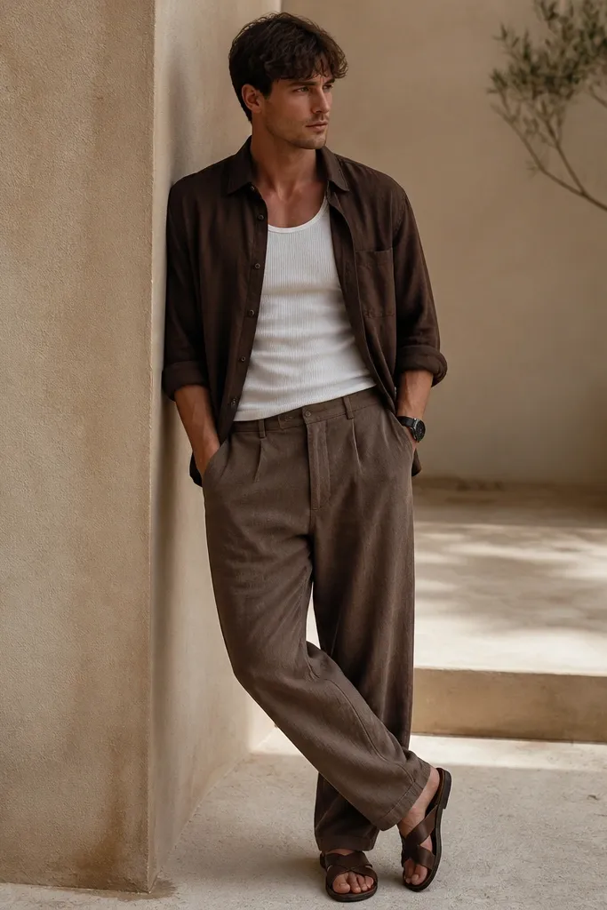 Brown linen pants with a white ribbed tank top layered under a chocolate-brown linen overshirt worn open. Brown leather sandals and a watch with a dark strap.