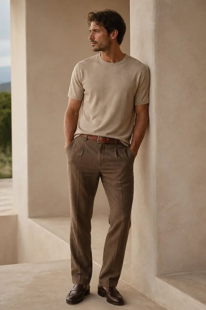 Brown linen pants styled with a sand-colored crewneck T-shirt, camel belt, and dark brown loafers. The tee is untucked and the pants show a clean hem break.