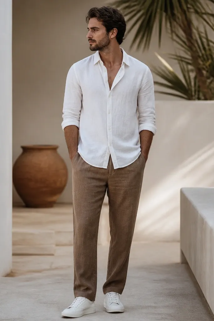 A man wearing brown linen pants with a white button-down shirt left fully untucked, collar slightly open, and white low-top sneakers. The shirt has a relaxed drape and sleeves are casually rolled.