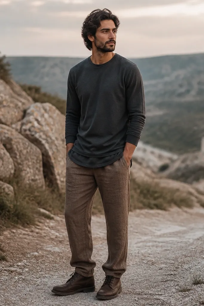 Brown linen pants worn with a charcoal longline T-shirt, slightly longer hem, and brown lace-up boots. The shirt is untucked; the boots add contrast for cooler evenings.