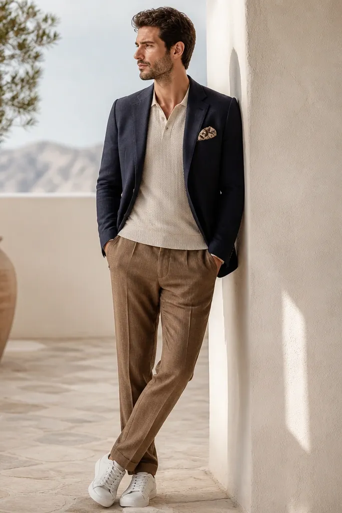 Brown linen pants paired with an oatmeal short-sleeve knit shirt and a navy blazer. White sneakers and a patterned pocket square peek from the blazer breast pocket.