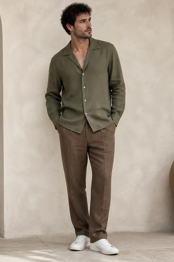 Brown linen pants with an olive camp collar shirt worn open at the top, sleeves down, and white sneakers. The shirt is untucked and the collar is relaxed.