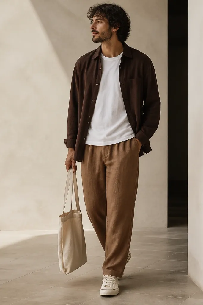 Medium-brown linen pants with a plain white T-shirt, layered under a chocolate-brown overshirt. He's wearing canvas sneakers in off-white and carrying a canvas tote.