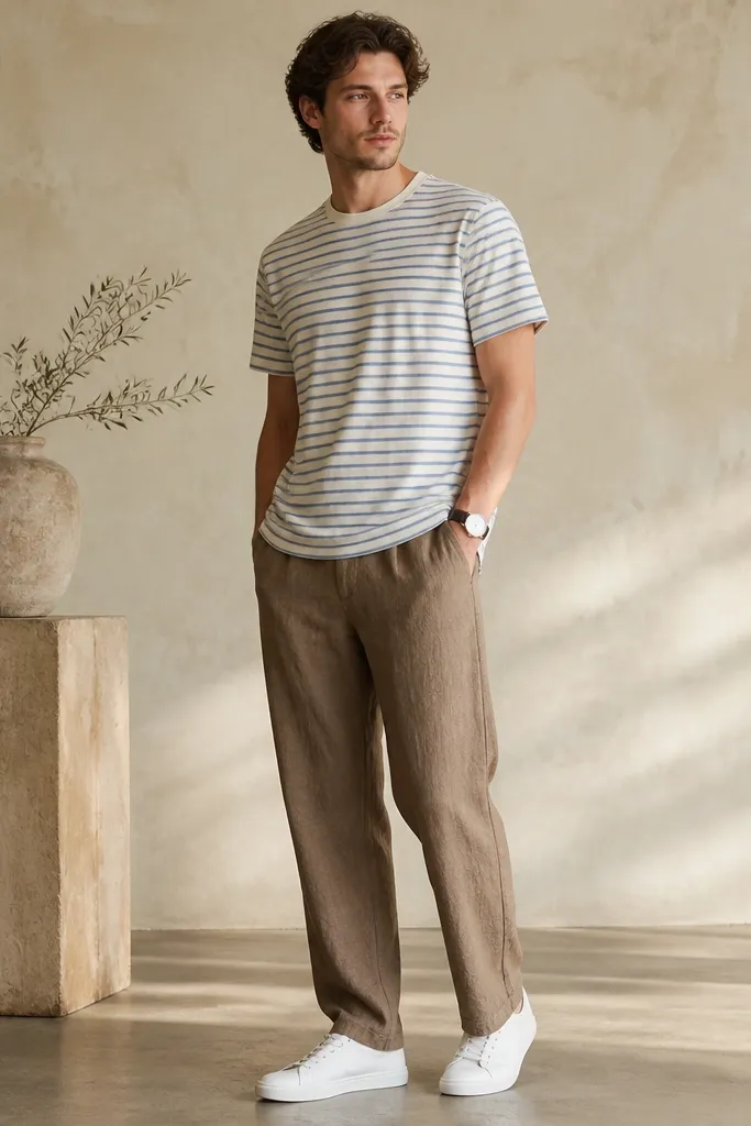 Brown linen pants with a light striped T-shirt in cream and pale blue, worn untucked. White sneakers and a simple watch complete the look.
