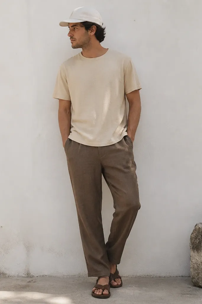 Brown linen pants styled with a sand T-shirt, a white camp cap, and simple brown leather sandals. The shirt is untucked and the look is very casual.