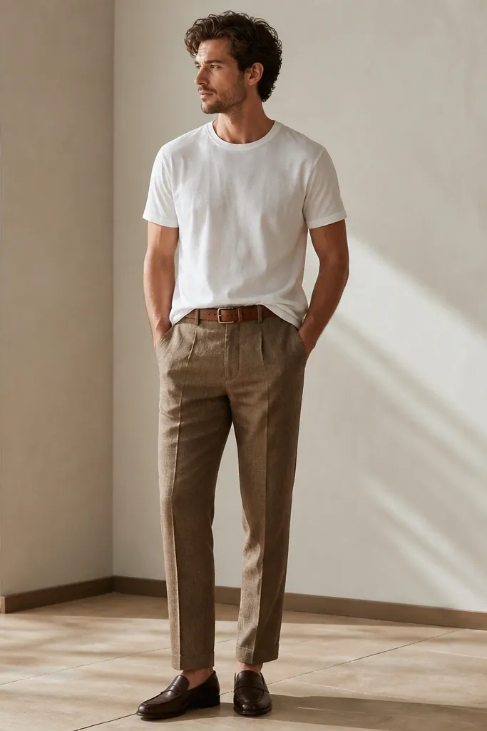 Brown linen pants with a white T-shirt, cognac leather belt clearly visible, and dark brown leather loafers. The shirt is half-tucked and the pants have a clean hem.