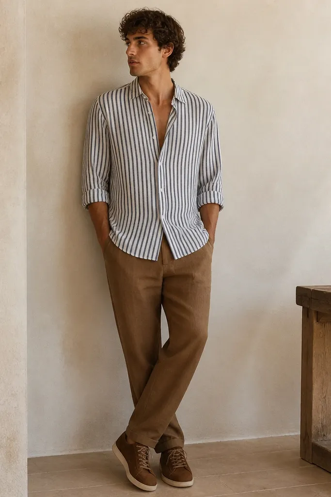Brown linen pants with a navy-and-white striped button-down worn open at the top, sleeves rolled, and brown sneakers. The shirt is untucked.