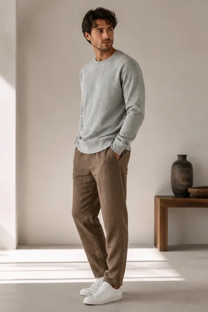 Brown linen pants with a heather gray crewneck sweatshirt worn like a light layer, plus white sneakers. The crewneck is untucked and the hem hits mid-hip.