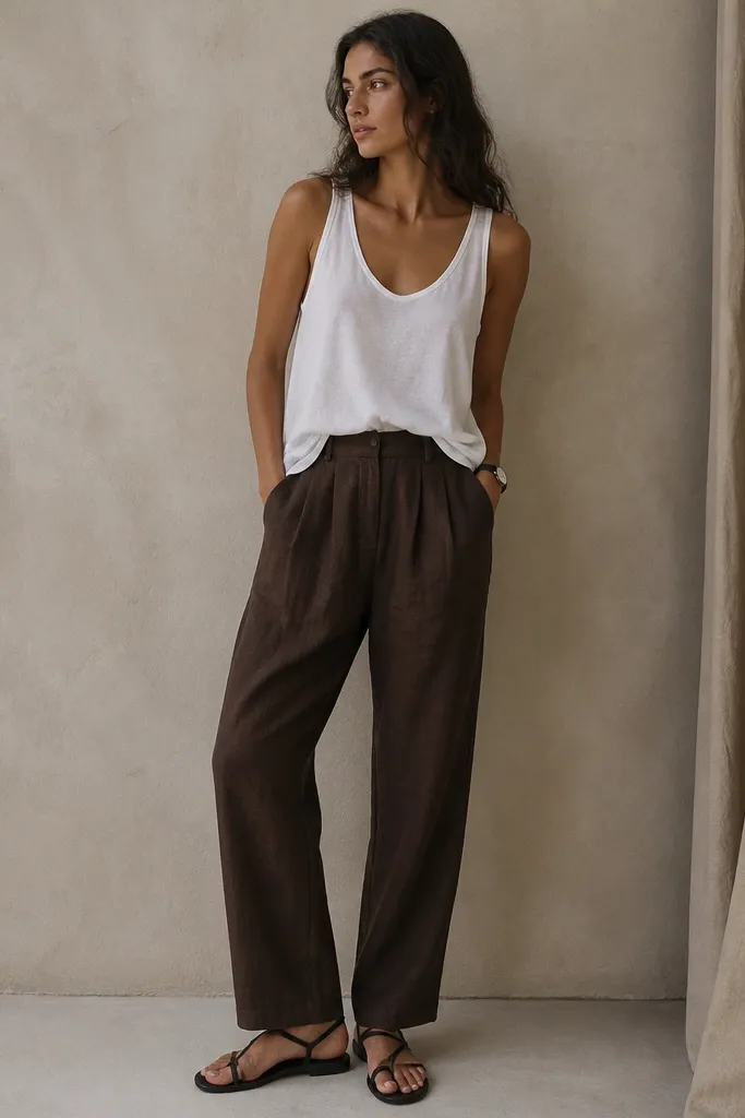 Deep brown linen pants with a white tank top, black minimalist sandals, and a simple black watch. The tank is tucked slightly at the front.