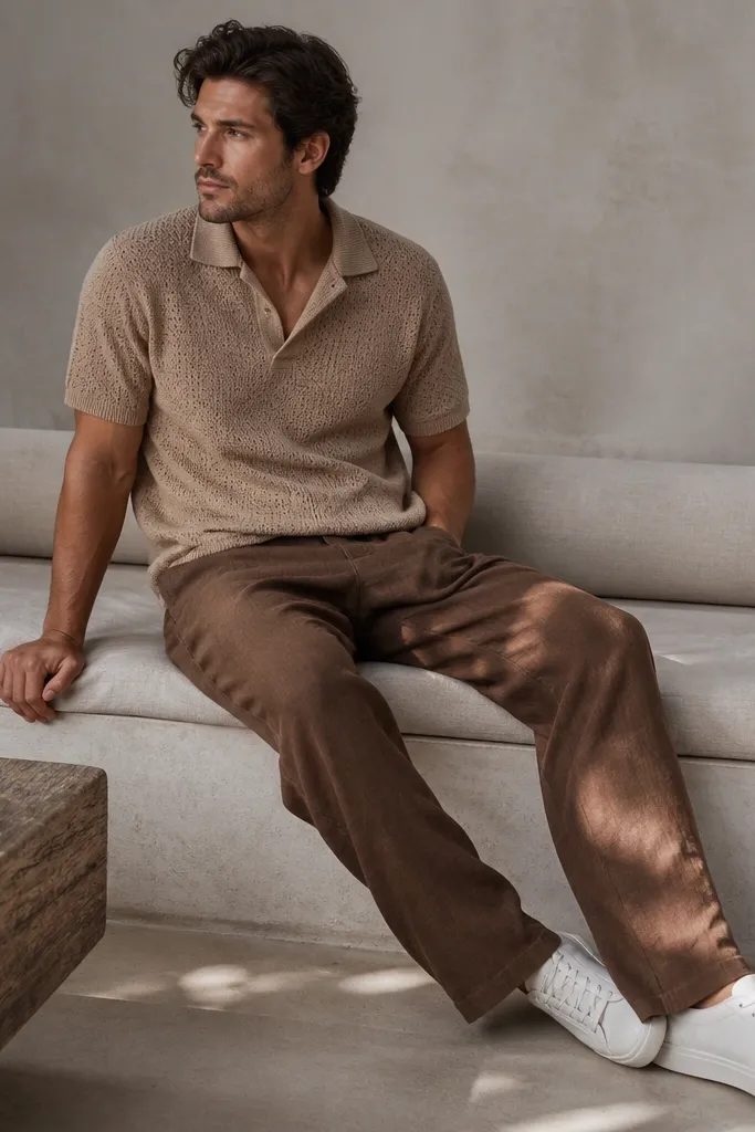 Brown linen pants with a tan short-sleeve knit sweater worn open at the collar, plus white sneakers. The knit has small texture and the outfit looks relaxed.