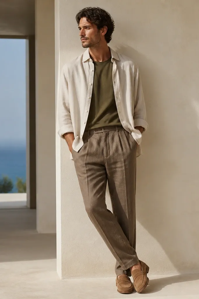 Brown linen pants with an olive T-shirt under a cream overshirt, unbuttoned, and suede loafers in light brown. The shirt layers create depth in the upper body.
