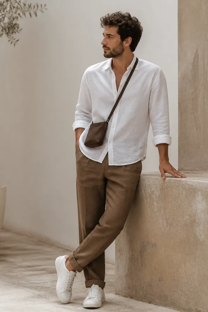 Brown linen pants with a white long-sleeve linen shirt worn open at the collar, cuffs rolled to show forearms. White sneakers and a small crossbody bag.