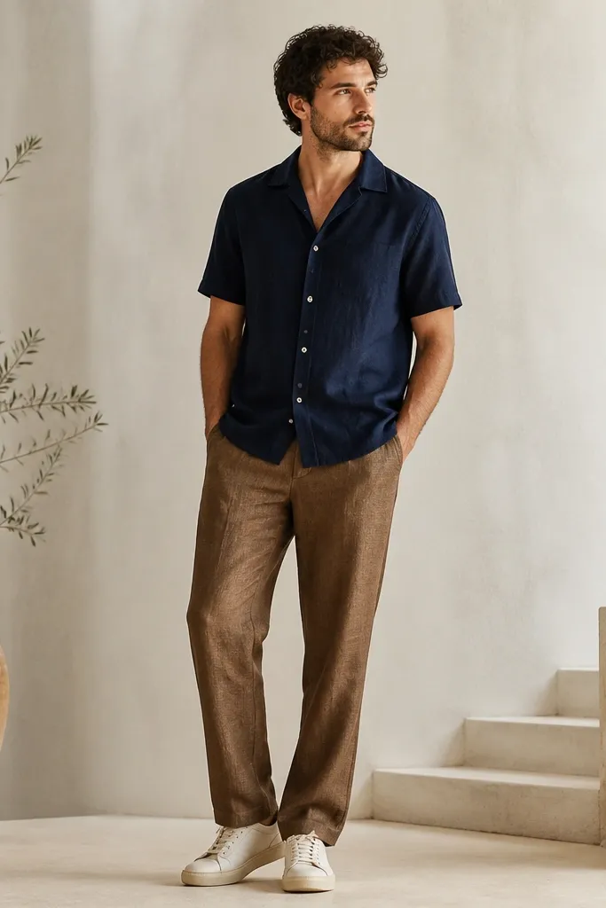 Brown linen pants with a navy short-sleeve button-down, top button undone, and cream sneakers. The shirt is untucked and the collar is relaxed.