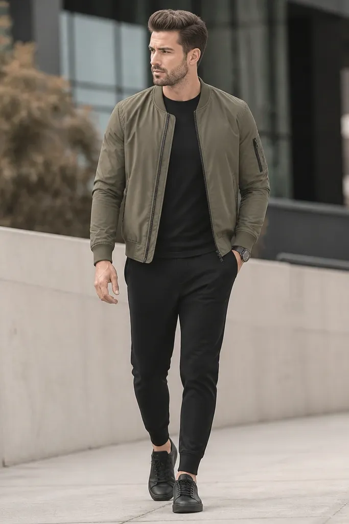 Black tapered sweatpants with a fitted black short-sleeve tee. An olive bomber jacket sits above the waist. The man wears black low-top sneakers and a dark wristwatch, with the jacket sleeves ending at the wrist.