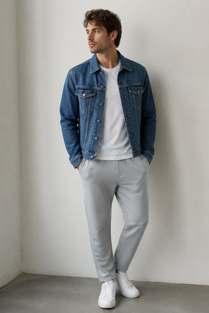 A man in heather gray sweatpants with a medium-wash denim jacket. He wears a white T-shirt underneath and clean white sneakers. The denim jacket hem ends around the top of the sweatpants waistband.
