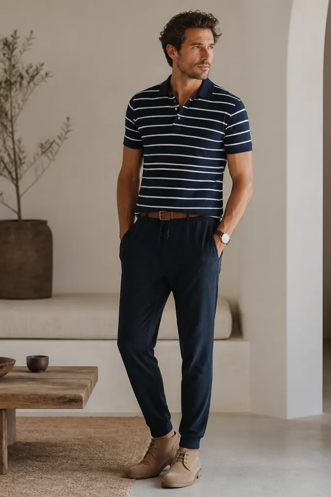 Navy tapered sweatpants paired with a navy-and-white striped polo shirt. The man wears tan suede desert boots and a brown leather belt. A minimal watch sits on his wrist.