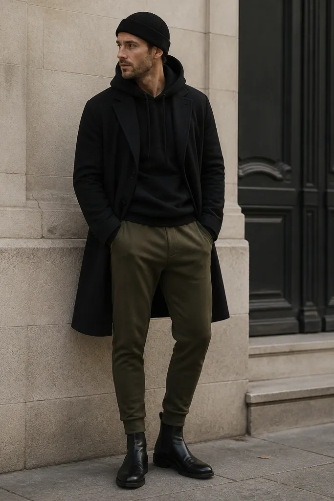 Olive tapered sweatpants with a black hoodie. Over the hoodie is a long black overcoat that reaches mid-thigh. The man wears black Chelsea boots and a beanie.