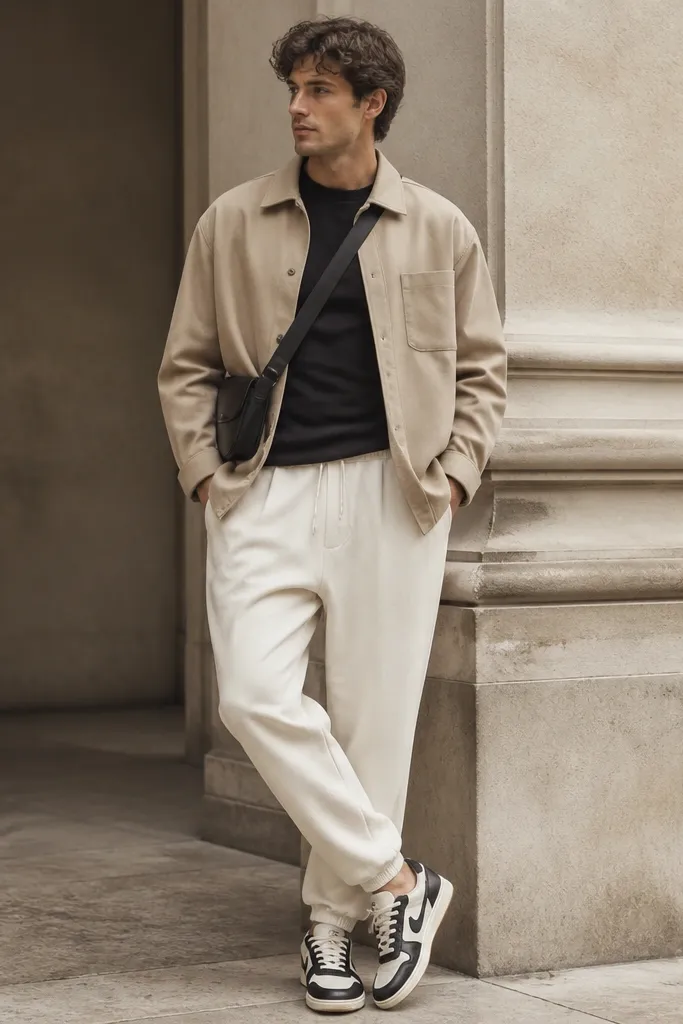 Cream sweatpants with a black fitted T-shirt. A boxy overshirt in light tan or sand sits over the tee. The man wears black-and-white sneakers and a simple crossbody bag.