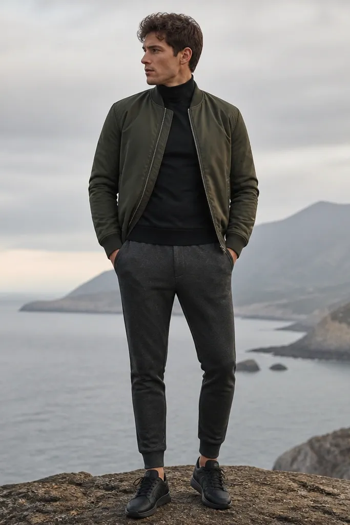 Charcoal tapered sweatpants with a fitted black turtleneck. A short bomber jacket in dark green is worn over it. The man wears dark sneakers and keeps the turtleneck snug at the neck.