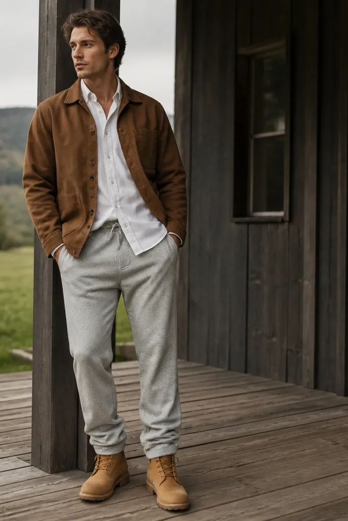 Gray sweatpants paired with a crisp white button-down shirt. The shirt is half-tucked into the waistband. A brown chore jacket is worn on top, and the man wears tan boots.