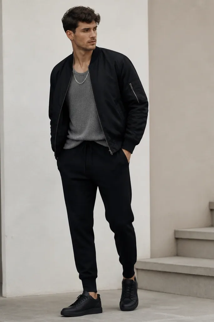 Black tapered sweatpants with a sleeveless knit top in heather gray. A black bomber jacket is worn over it. The man wears black sneakers and a chain necklace.