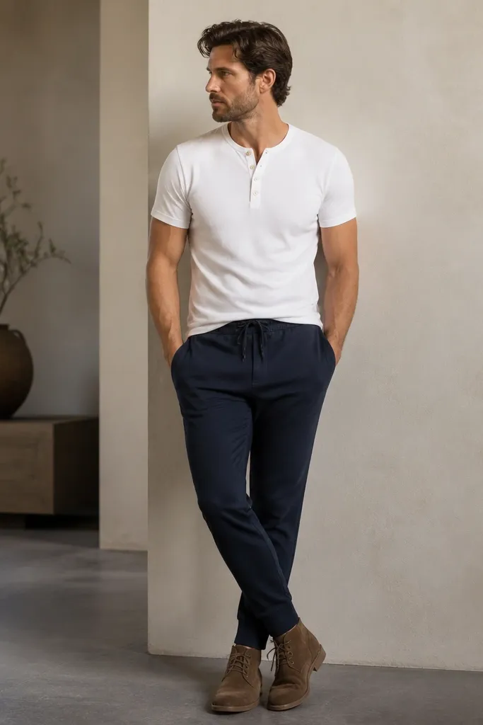 Navy tapered sweatpants worn with a white short-sleeve henley. A light suede chukka boot in brown is on the feet. The henley has 2-3 buttons and fits at the chest.