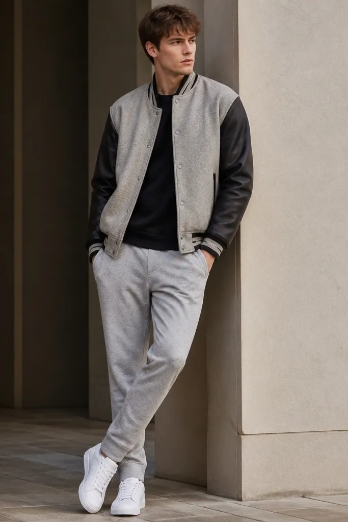Heather gray tapered sweatpants with a black long-sleeve tee. A varsity jacket with dark sleeves and a lighter body is worn. The man wears white sneakers and has the sleeves under the jacket cuffs.