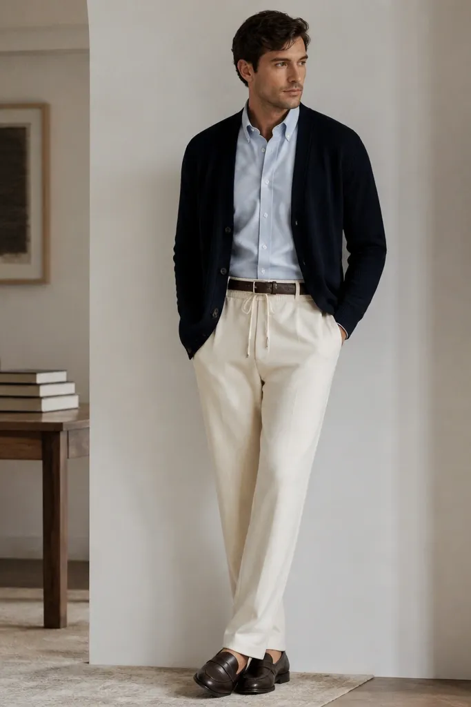Cream sweatpants with a light-blue oxford button-down. The shirt is tucked neatly. The man wears dark brown loafers and a matching belt. A relaxed cardigan in navy sits open over the shirt.
