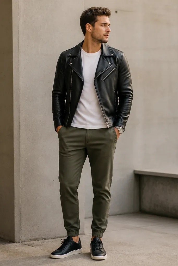 Olive tapered sweatpants paired with a white crew tee. A black leather moto jacket is worn with the zipper partially closed. The man wears black sneakers and a slim watch.