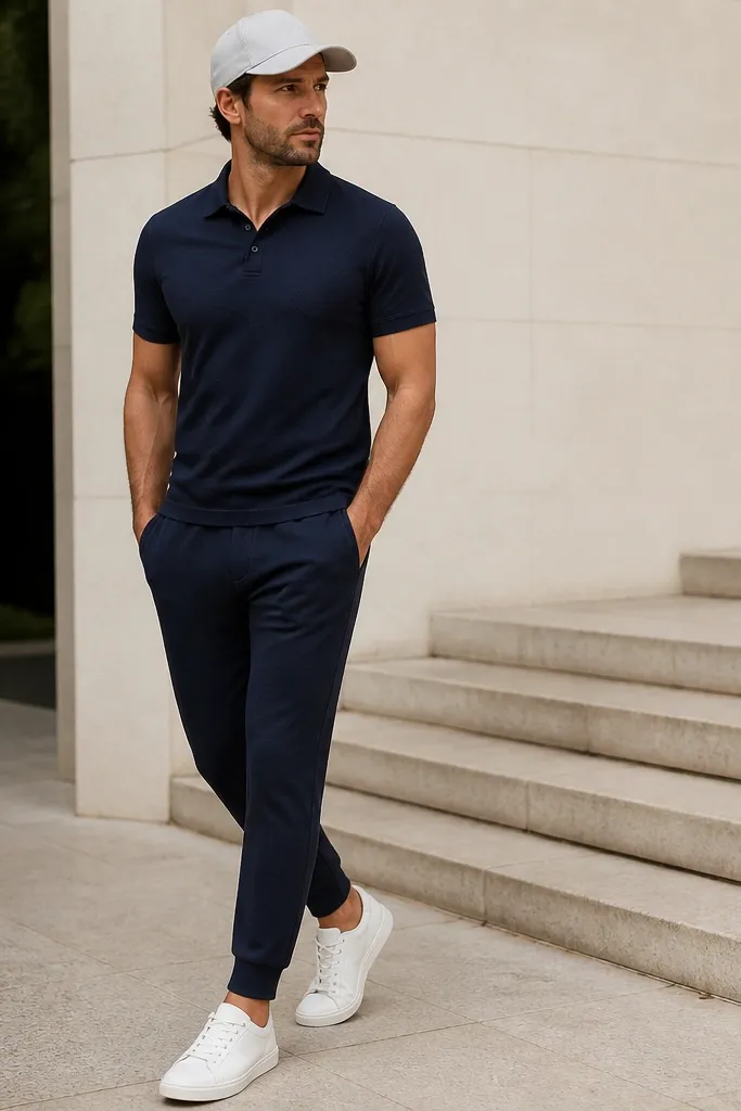 Navy tapered sweatpants with a navy knit polo shirt. The man wears white sneakers and a light gray cap. The polo is slightly textured and fits at the chest.