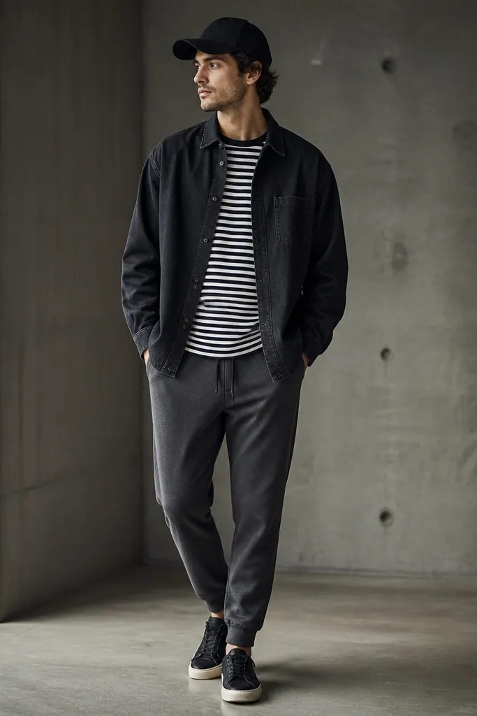Charcoal tapered sweatpants with a black-and-white striped T-shirt. On top is a dark denim overshirt. The man wears black low-top sneakers and a black cap.