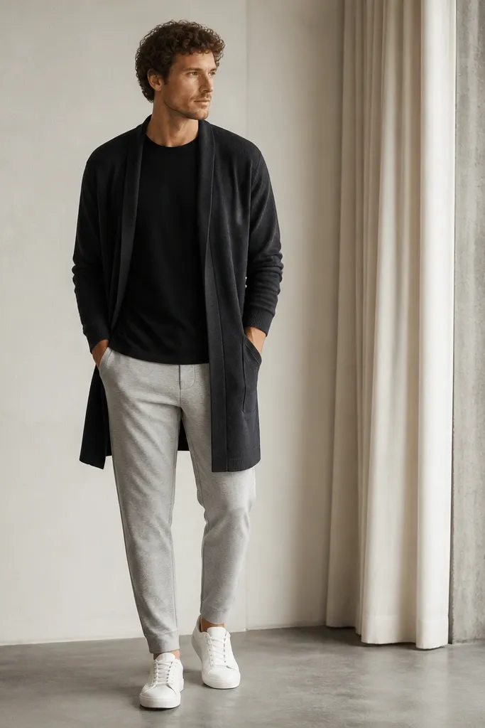 Gray tapered sweatpants with a longline cardigan in dark charcoal. Under it is a plain black crewneck tee. The man wears minimal white sneakers.