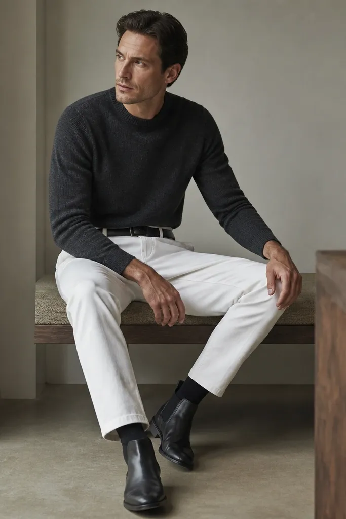 White pants paired with a charcoal crewneck sweater and black Chelsea boots. A black belt and dark socks are visible above the boots.