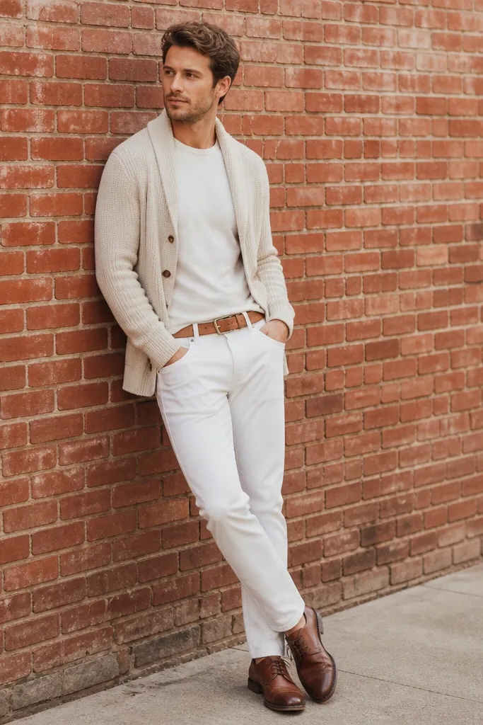 White pants with a cream cardigan layered over a light tee. Brown leather lace-up shoes and a tan belt are shown against an outdoor brick wall.