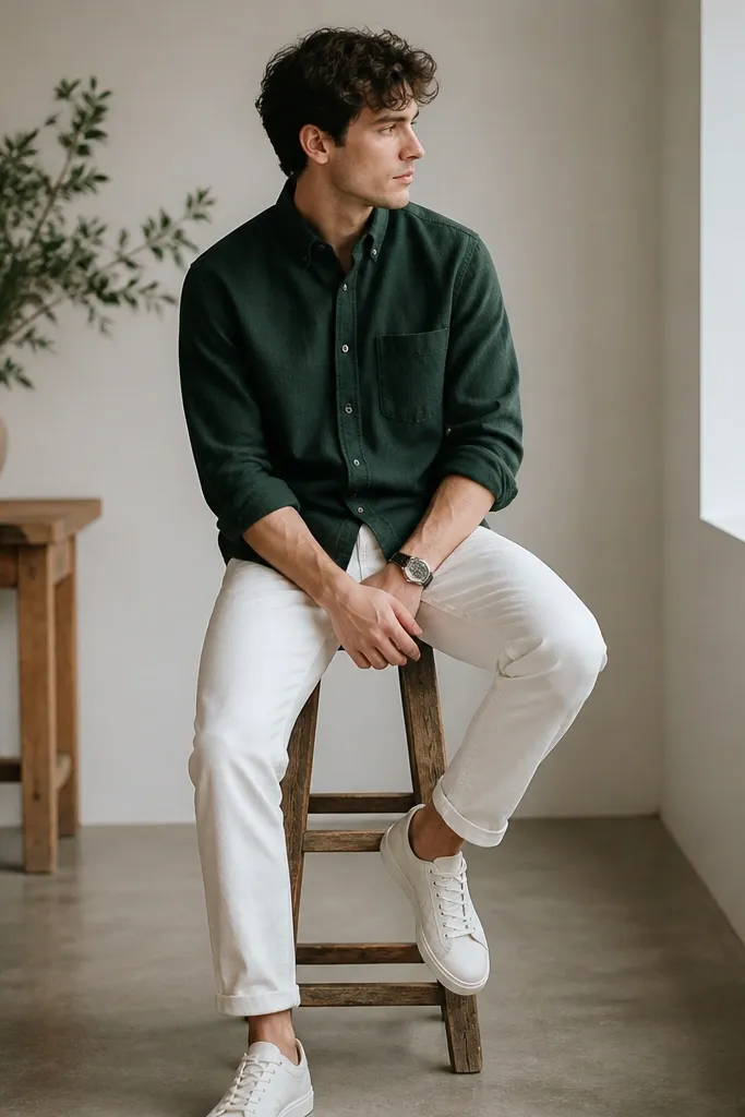 White pants with a forest green flannel shirt worn buttoned at the top and sleeves rolled. Clean white/cream sneakers and a simple watch are visible.