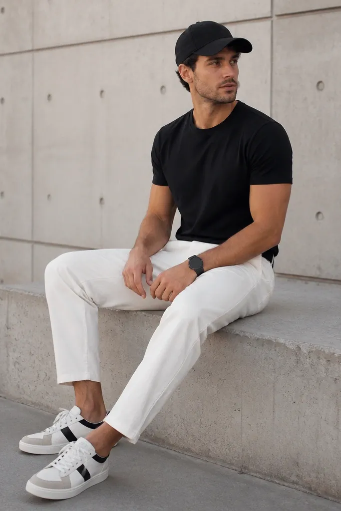 White pants with a black tee that has small chest text. White/black sneakers and a black cap appear, with a dark watch strap.