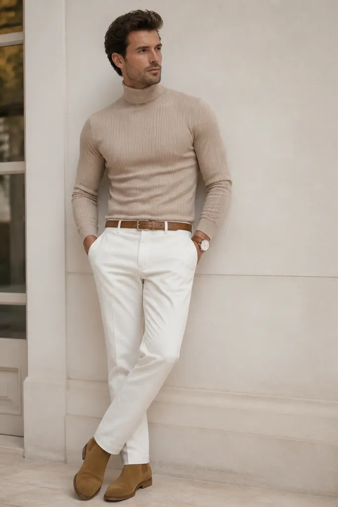 White pants with a sand-colored turtleneck sweater and camel suede boots. A simple leather watch and belt match the boot color.