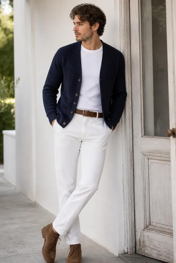 White pants paired with a navy cardigan layered over a white tee. Brown suede chukka boots and a brown belt are shown.