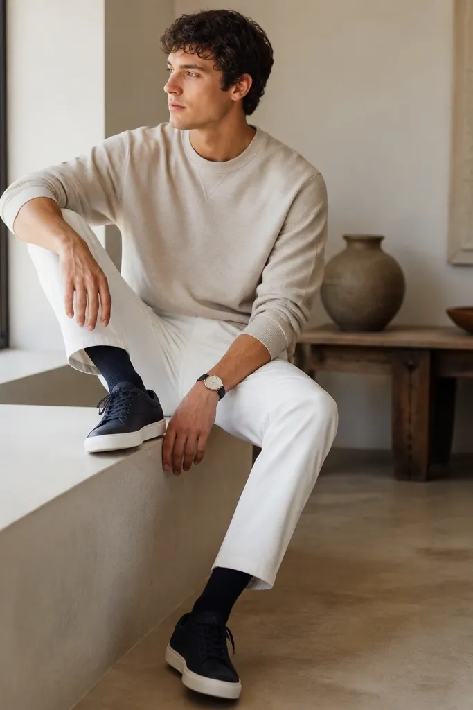 White pants with an oatmeal crew sweatshirt. Navy sneakers and dark socks are visible, with a minimal watch.