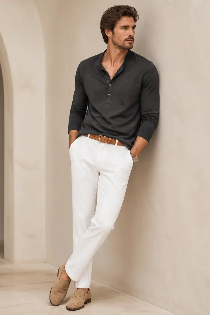 White pants with a charcoal henley shirt (two to three buttons open). Tan loafers and a matching tan belt are shown.