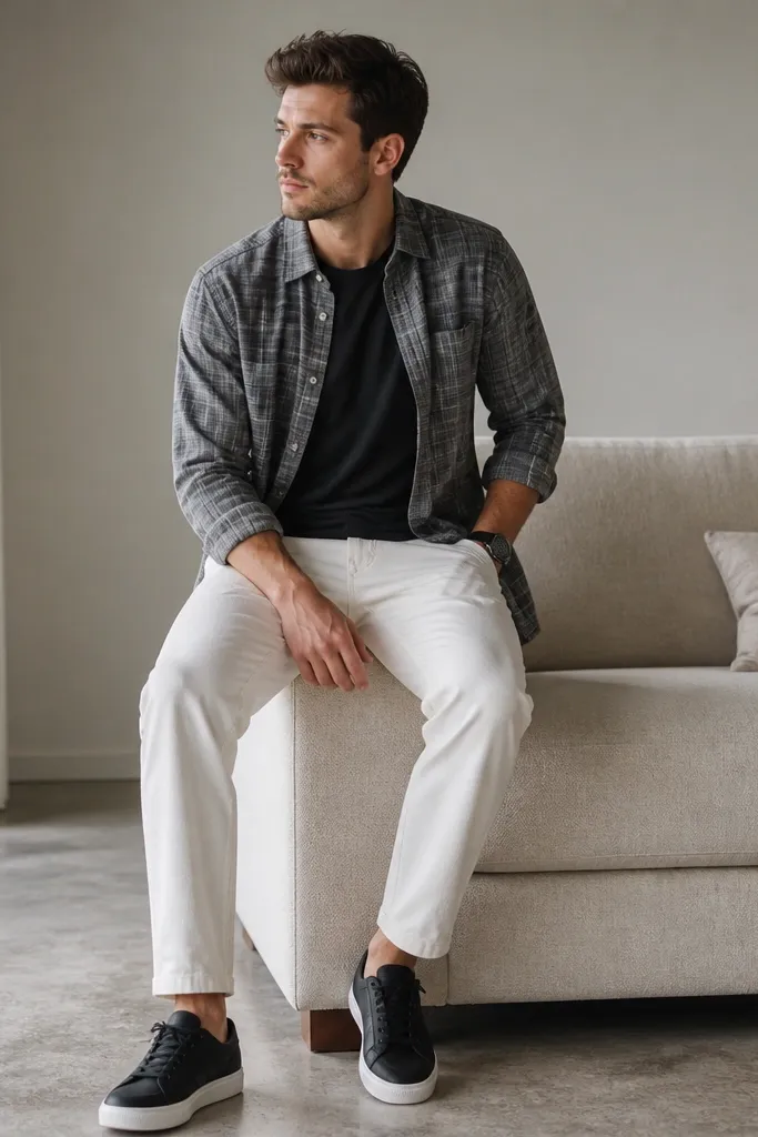 White pants with a gray flannel overshirt worn open over a dark tee. Black sneakers and a black watch are visible.