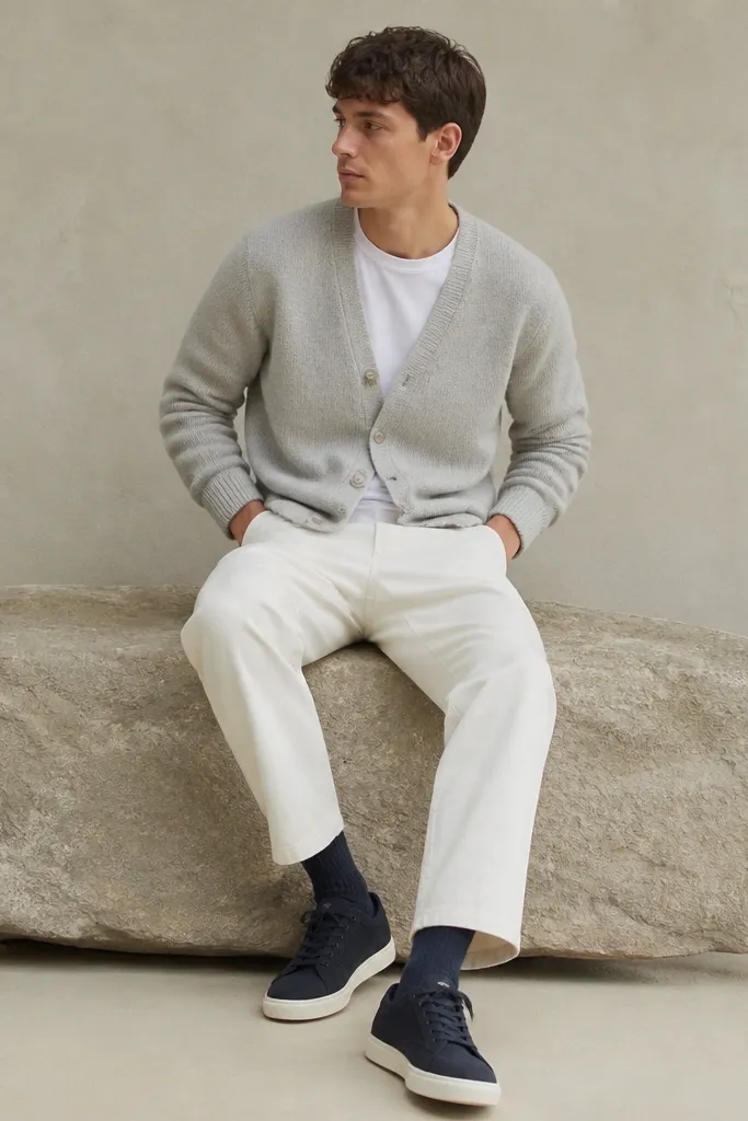 White pants with a light gray cardigan buttoned loosely. Navy sneakers and navy socks are visible; a white tee peeks out under the cardigan.