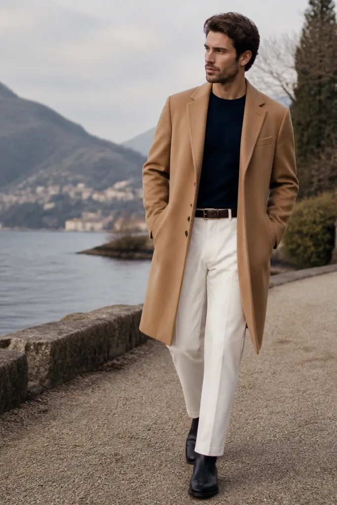 White pants with a camel overcoat worn over a dark tee. Black Chelsea boots and a dark belt are shown outside in cooler weather.