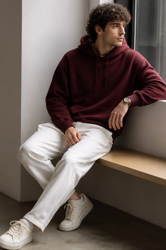 White pants with a burgundy hoodie. Cream sneakers and a leather watch strap are visible; the hoodie is slightly oversized but not sloppy.