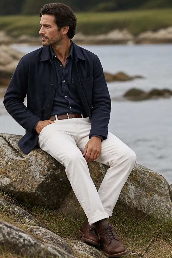White pants with a navy chore jacket over a dark denim shirt. Brown work boots and a brown belt are shown in a casual outdoor setting.