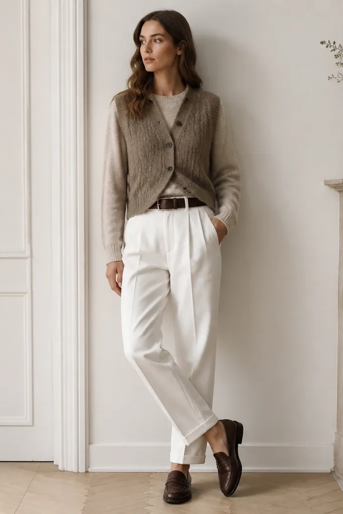 White pants with a taupe knit vest over an oatmeal sweater. Loafers in dark brown and a leather belt are shown.