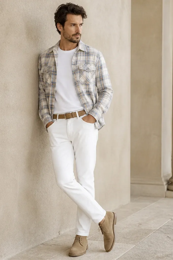 White pants with a check overshirt over a plain white tee. Tan chukka boots and a tan belt are visible.