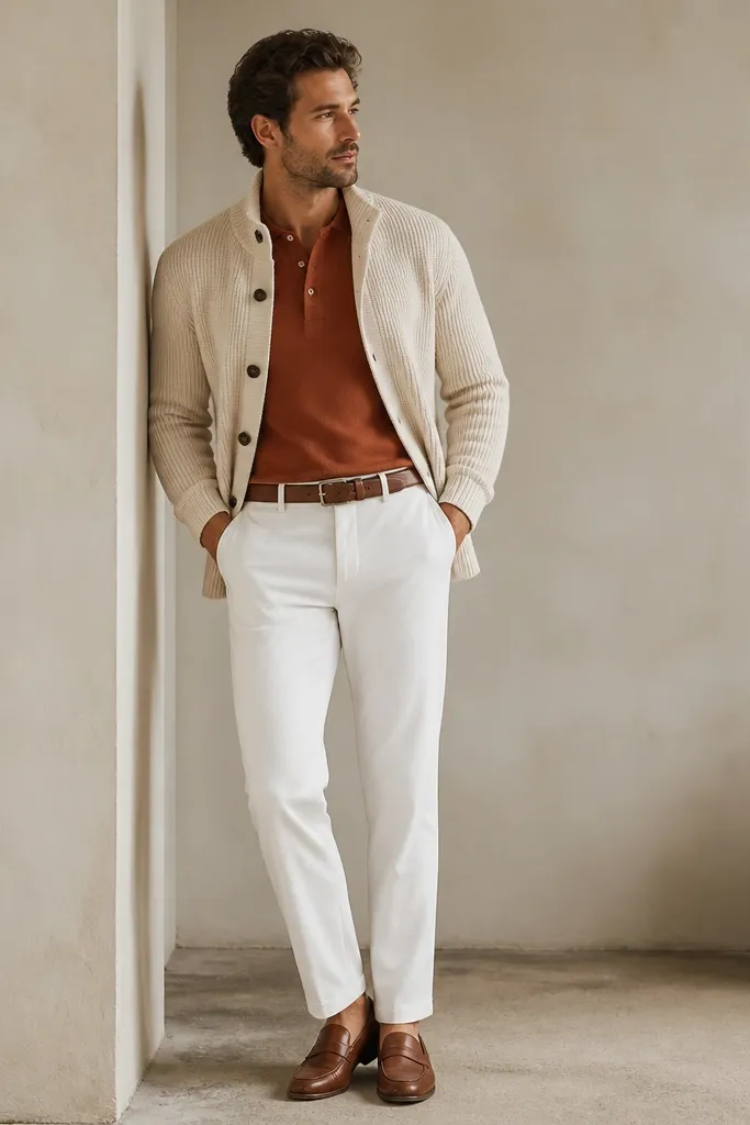 White pants with a rust henley under a cream sweater jacket. Brown loafers and a brown belt are shown.